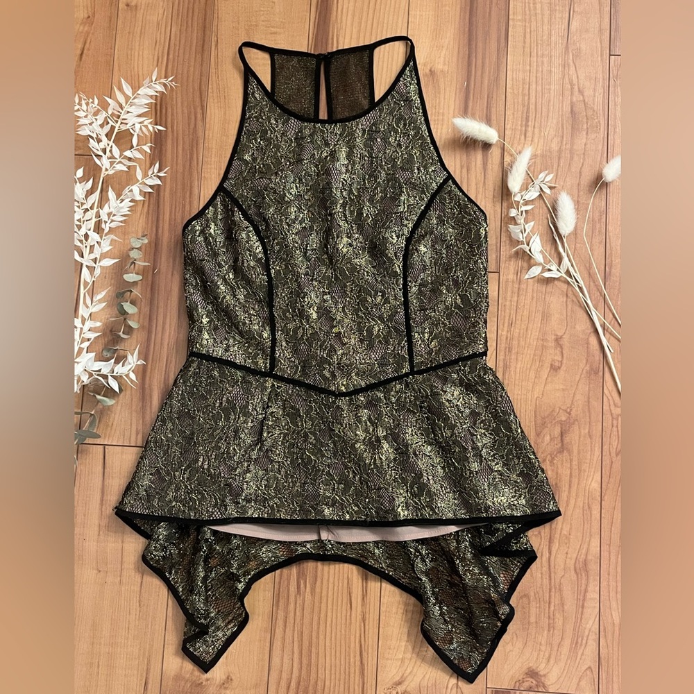 BCBGMax Azria Gold Lace Peplum Top
